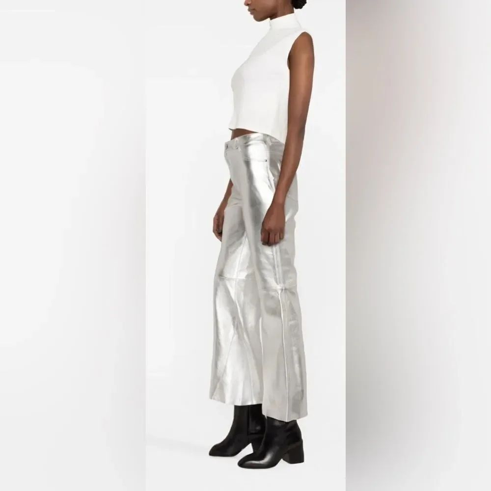 Maje Plutom Metallic-Sheen Flared Leather Trousers size 38 NWOT